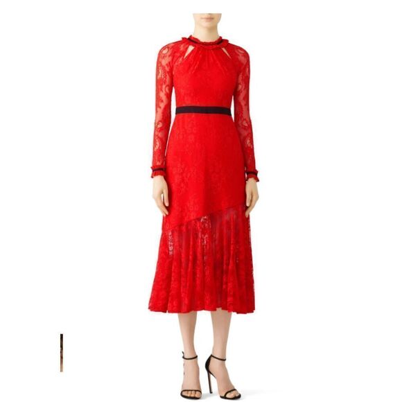 Three Floor Split Tease Dress Fiery Red Rouge Lace Vintage Steampunk Size 10 - Picture 1 of 15